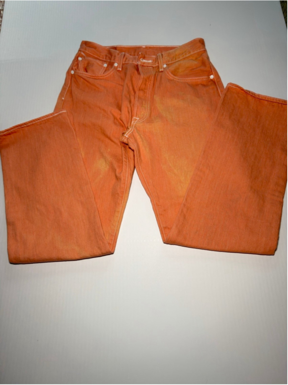 Levis 501 orange with white button fly jeans 34x34 see some fading from washing